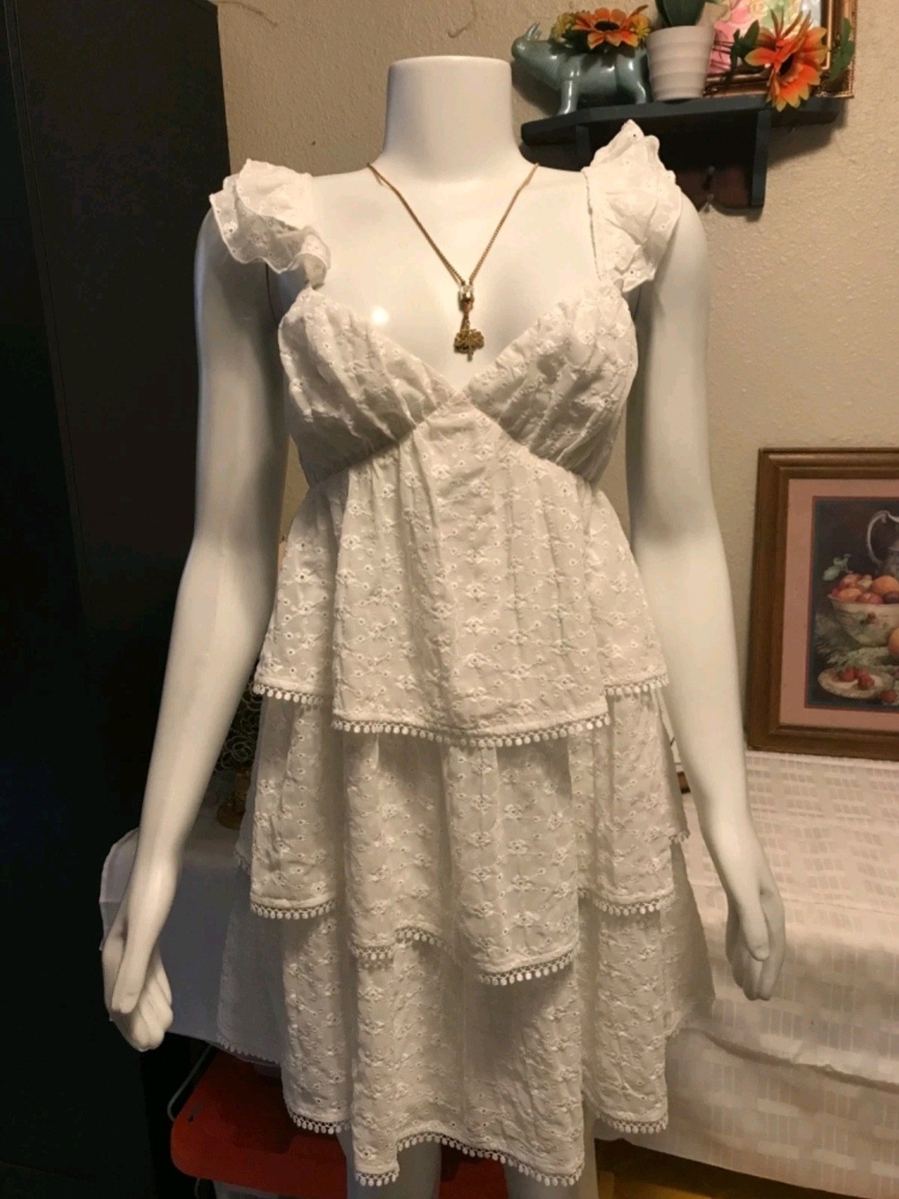 B.right White Eyelet Tiered Ruffle Babydoll Mini Dress